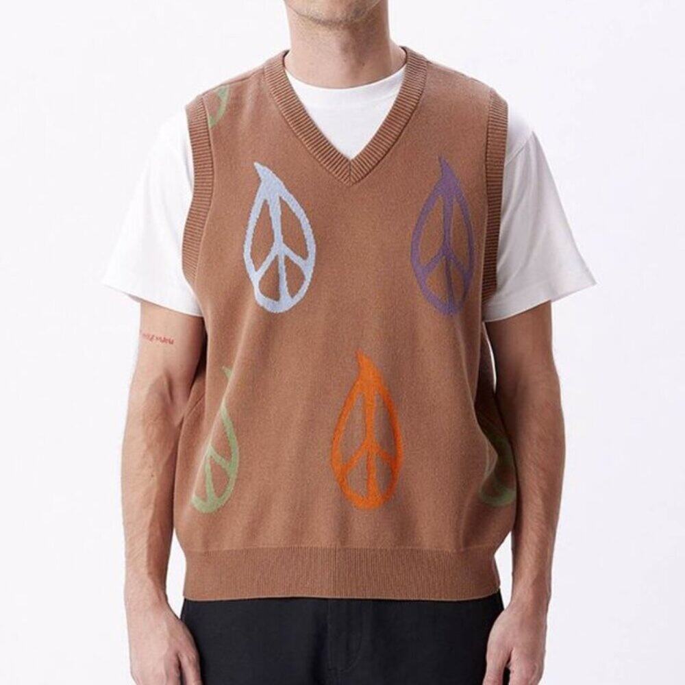 Obey Clothing Men's Peaced Sweater Vest in Wild Mushroom Multi Peace Sign